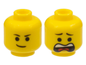 3626pb1028 - Minifigure, Head Dual Sided Black Eyebrows, Lopsided Smile / Open Mouth Scared Pattern (Emmet)
