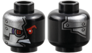 3626pb1034 - Minifigure, Head Alien with Red Mechanical Right Eye, Bared Teeth, and Silver Plates with Rivets on Front and Back Pattern