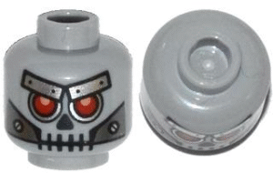 3626pb1084 - Minifigure, Head Alien Skull with Red Eyes, Metal Eyebrows with Rivets and Metal Jaw with Screws Pattern