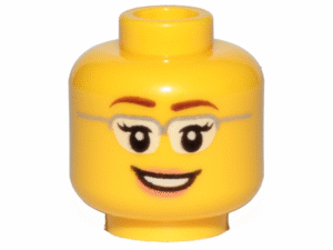 3626pb1210 - Minifigure, Head Female Glasses with Silver Frames, Reddish Brown Eyebrows, Eyelashes, Nougat Lips, Open Mouth Smile with Teeth Pattern