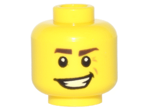 3626pb1214 - Minifigure, Head Dark Brown Eyebrows, Crooked Smile and Laugh Lines Pattern