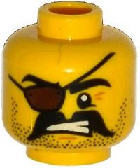 3626pb1313 - Minifigure, Head Beard Black Stubble and Moustache, Eye Patch, Crow's Feet, Bared Teeth Pattern