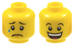 3626pb1354 - Minifigure, Head Dual Sided Black Concave Eyebrows, Upper Eyelids, Tear Drop, Chin Dimple, and Sad Frown / Huge Open Mouth Smile with Top Teeth and Red Tongue Pattern
