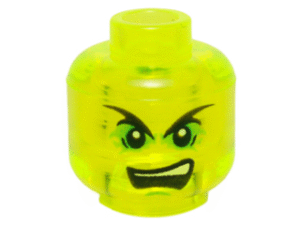 3626pb1425 - Minifigure, Head Black Pointed Eyebrows, Bright Green Eye Shadow, Open Mouth Scowl with Top Teeth Pattern