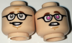 3626pb1651 - Minifigure, Head Dual Sided Black Glasses, Reddish Brown Eyebrows,  Sheepish Grin / Dark Pink Eyes Pattern