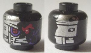 3626pb1673 - Minifigure, Head Alien with Red Mechanical Right Eye, Dark Purple Circuitry, Bared Teeth, and Silver Plates with Rivets on Front and Back Pattern