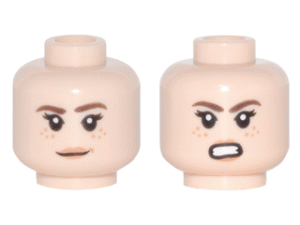 3626pb1795 - Minifigure, Head Dual Sided Female PotC Reddish Brown Eyebrows, Nougat Freckles and Lips, Slight Smile / Bared Teeth Angry Pattern