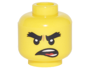 3626pb1874 - Minifigure, Head Black Thick Bushy Eyebrows, Angry Lopsided Open Mouth with Teeth Parted and Red Tongue Pattern