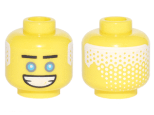 3626pb1876 - Minifigure, Head Black Straight Eyebrows, Dark Azure Eyes, Wide Open Mouth Smile with Teeth, White Pixelated Hair on Back Pattern