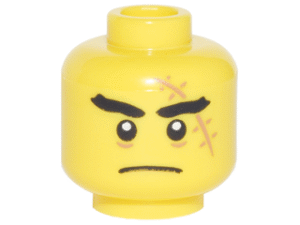 3626pb1878 - Minifigure, Head Black Thick Eyebrows, Large Medium Nougat Scar with Stitches, Closed Mouth Frown Pattern