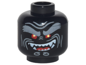 3626pb1883 - Minifigure, Head Alien with Light Bluish Gray Bushy Eyebrows, Red Eyes, Open Mouth Crooked Smile Left Raised with Fangs Pattern