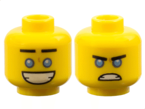 3626pb1894 - Minifigure, Head Dual Sided Black Straight Eyebrows, Medium Blue Eyes, Large Open Mouth Smile with Teeth / Angry Scowl Pattern