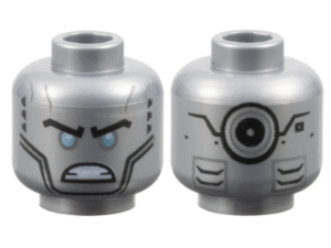 3626pb2029 - Minifigure, Head Alien Robot with Black Eyebrows, Metallic Light Blue Eyes, Cheek Lines, Angry Bared Teeth, Vents and Silver Circle on Back Pattern