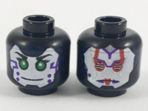 3626pb2062 - Minifigure, Head Dual Sided Alien Female with White Face, Green Eyes and Purple Marks on Cheek / Red and Silver Armor Pattern