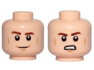 3626pb2108 - Minifigure, Head Dual Sided Reddish Brown Eyebrows, Medium Nougat Cheek Lines and Chin Dimple, Smile / Angry with Bared Teeth Pattern