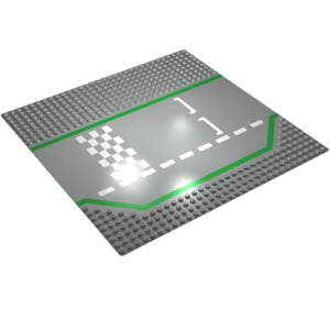 425p01 - Baseplate, Road 32 x 32 3 Lane with Race Track with Green Lines and White Checkered Pattern