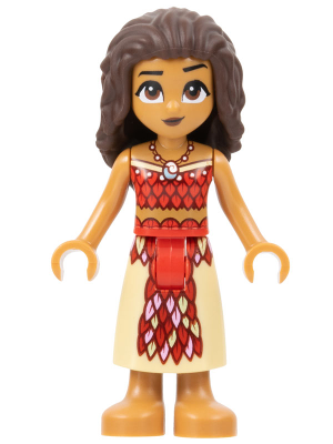 dp171 - Moana (Medium Nougat) - Mini Doll, Dark Red and Red Strapless Top, Tan Long Skirt with Feathers, Dark Brown Hair
