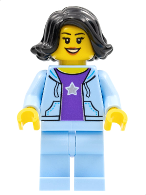 hol261 - Woman, Black Hair, Bright Light Blue Jacket, Dark Purple Star Shirt, Bright Light Blue Legs
