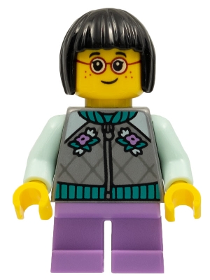 hol262 - Child - Girl, Flat Silver Jacket, Medium Lavender Short Legs, Black Short Hair, Glasses, Freckles