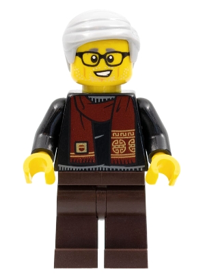 hol264 - Grandfather, Black Shirt with Dark Red Scarf, Dark Brown Legs, Light Bluish Gray Hair