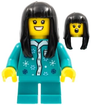 hol272 - Child - Girl, Dark Turquoise Pajamas Top, Dark Turquoise Short Legs, Black Long Hair