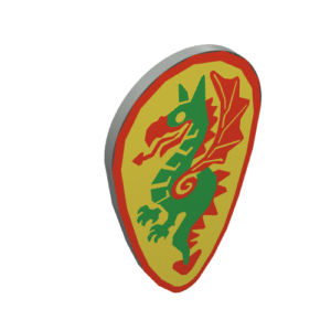 2586p4b - Minifigure, Shield Ovoid with Green and Red Dragon on Yellow Background Pattern